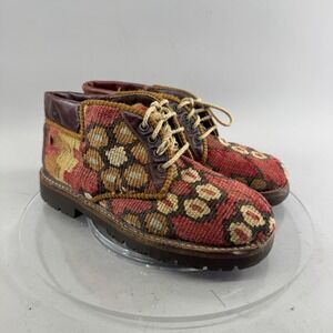 Prestige Womens Kilim Tapestry Boots Woven Floral Lace Up Lug Sole Red Brown 5-6